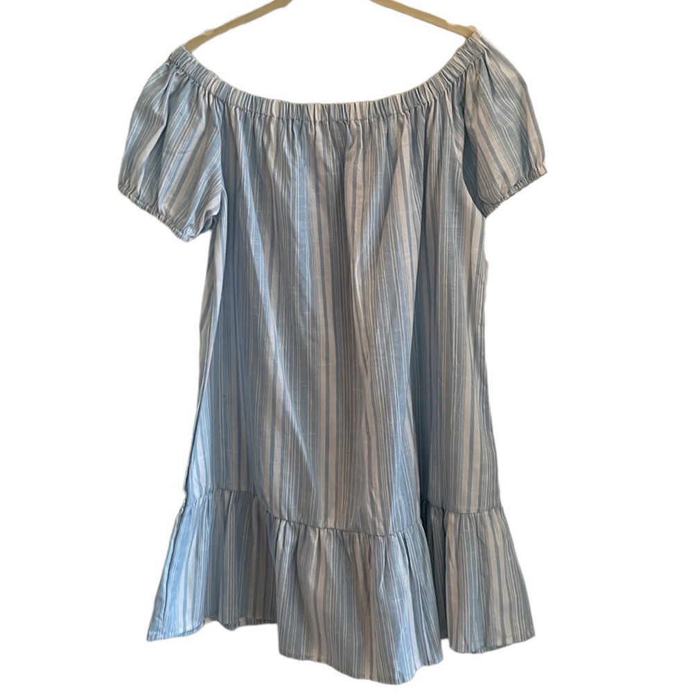 Planet Gold Dress XL Blue White Stripe Off Shoulder Single Ruffle Short Shift